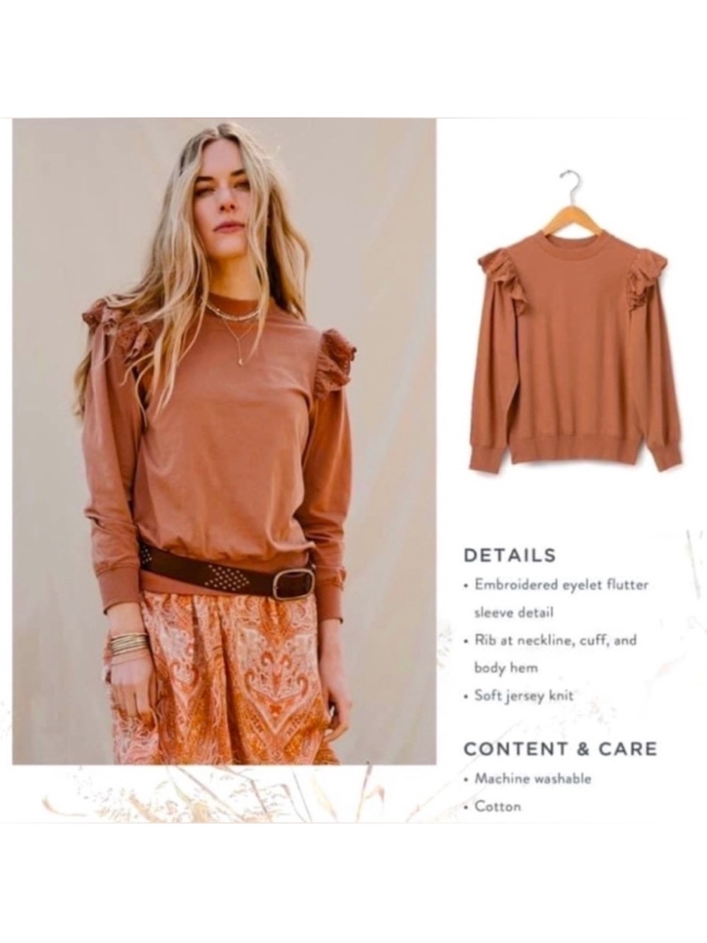 Matilda Jane Good Hart Ruffle Shoulder Pullover Top in Rust